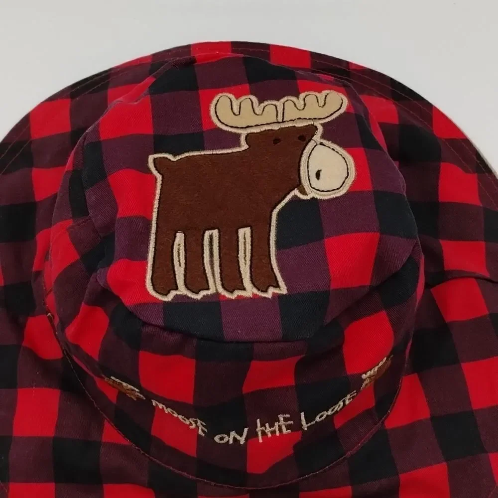 Flap Jack kids Reversible Hat for Kids Red Plaid and Tan Moose/Bear unisex